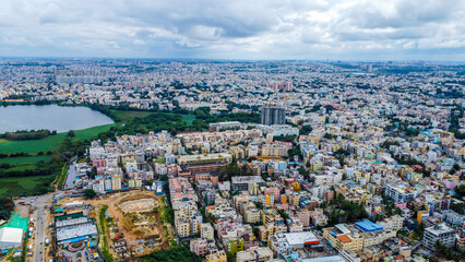 Ariel Shot of beautiful Bangalore City in India during cloudy weather.