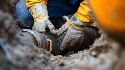 Obraz premium A close-up shot of a plumber repairing underground pipes in a municipal water treatment plant, Municipal water treatment pipe repair scene, Practical and precise style