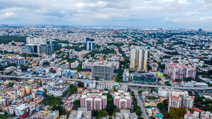 Ariel Shot of beautiful Bangalore City in India during cloudy weather.