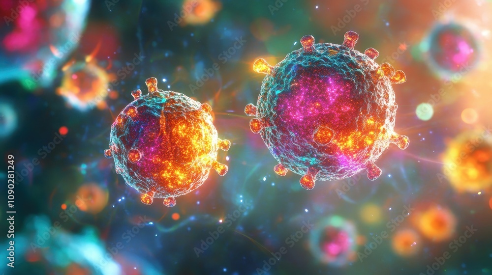 Poster colorful digital rendering of viruses in a microscopic view.