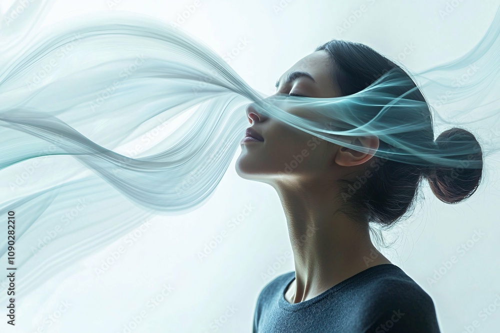Aufkleber A person performing deep breathing exercises is depicted against a white background, enhanced by flowing air wave visuals.