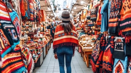 Naklejka premium Vibrant Marketplace Scene with Woman in Colorful Shawl Surrounded by Textiles, Handicrafts, and Artisan Goods in a Bustling Bazaar