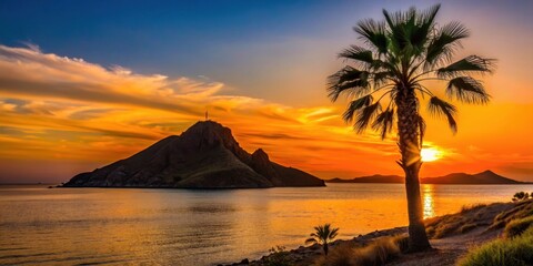 Sun setting behind hill and palm tree in Bahia Kino, Sonora, Mexico , sunset, sun, hill, palm tree, Bahia Kino, Sonora, Mexico