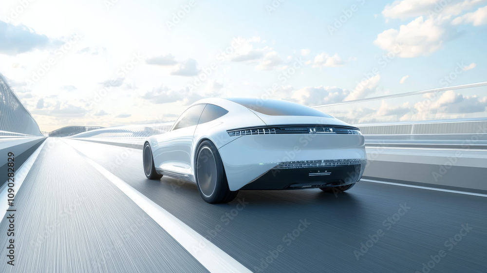 Poster a self-driving electric car uses radar and ai to navigate a highway. the 3d image shows its wireless