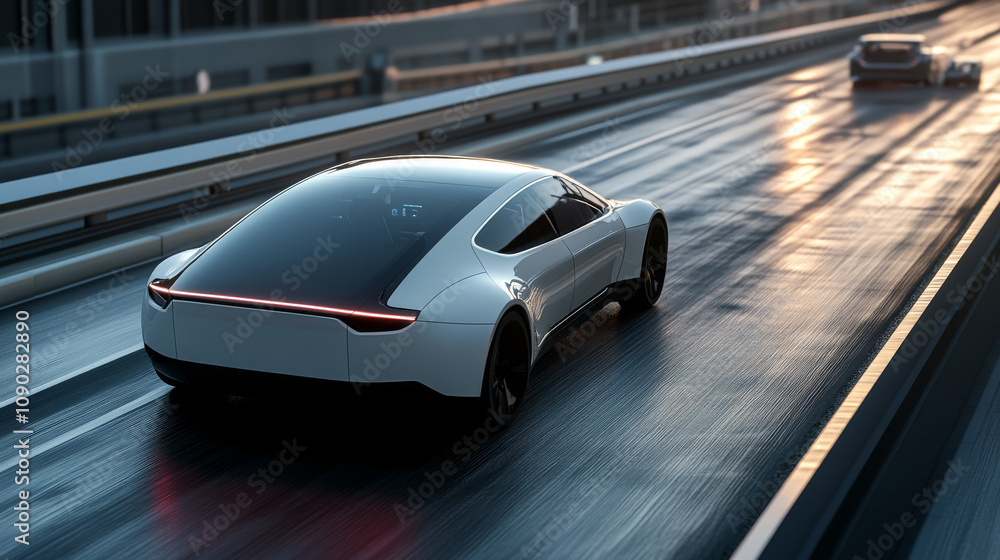 Poster a self-driving electric car uses radar and ai to navigate a highway. the 3d image shows its wireless