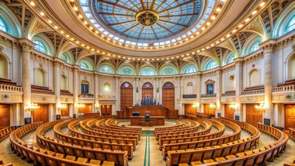 Obraz premium Panoramic view of the Romanian Senate hall inside the Palace of Parliament , Romanian Senate