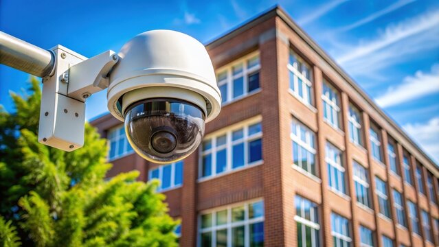Video security camera housing mounted high above college campus building, surveillance, security, technology, protection