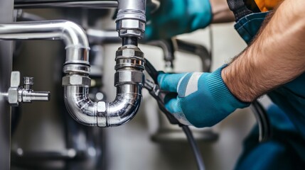 A close-up shot of a plumber repairing water pipes in a residential renovation project, Plumbing repair scene, Practical and precise style