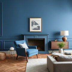 Fototapeta premium Blue armchair against blue wall in living room interior Elegant interior design