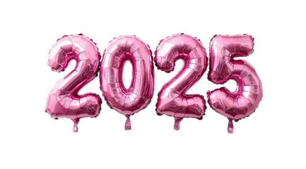 Happy New Year, pink foil balloons in the shape of numbers 2025 close up, created with Generative AI technology, PNG