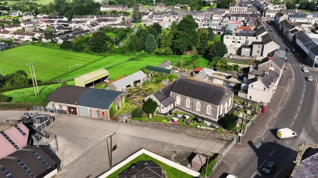 Aerial video of Second Kilrea Presbyterian Church Kilrea Village County Derry Northern Ireland
