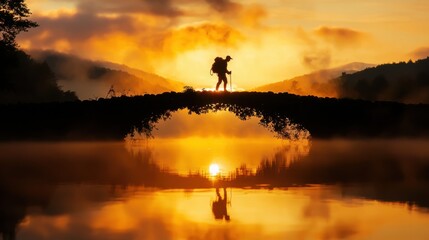 Embracing the Journey: Silhouette of a Person on Stone Bridge at Sunrise with Serene River View and Mist Rising