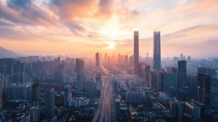 Obraz premium Aerial View of a Modern Cityscape at Sunset with Tall Buildings and a Highway