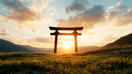 traditional Japanese torii gate silhouetted against stunning sunset, surrounded by mountains and grass. scene evokes tranquility and cultural significance