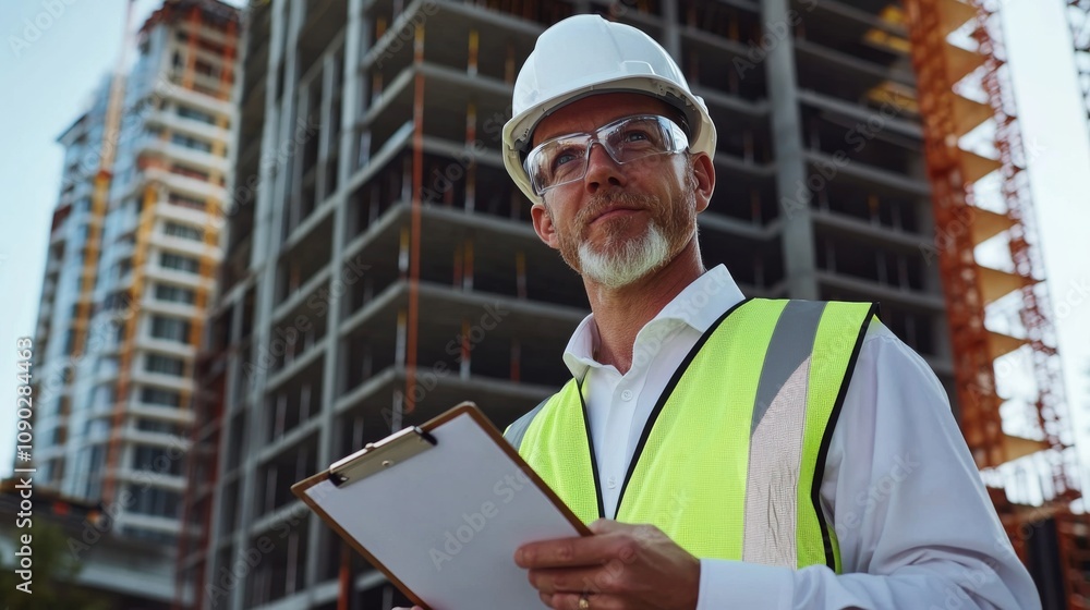 Poster a close-up shot of a site supervisor in a white hard hat and safety vest, holding a clipboard and lo