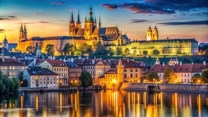 Obraz premium Prague Castle with St. Vitus Cathedral in the evening, Prague, Czech Republic, castle, historical, architecture, Europe