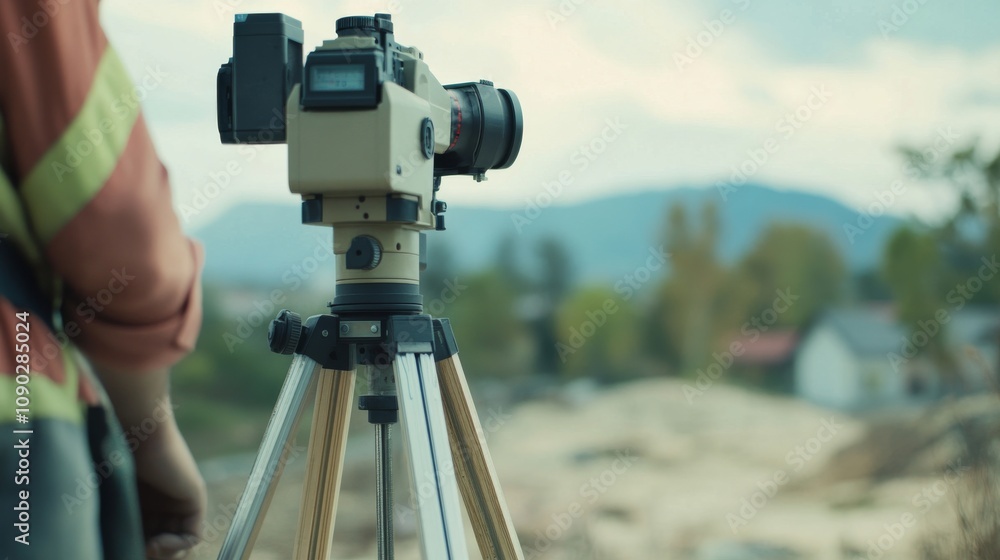 Poster a close-up shot of a surveyor using a theodolite to measure elevations on a land surveying project, 