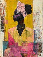 Fototapeta premium A vibrant abstract painting depicts a woman in profile, wearing a turban and colorful clothing against a textured background.