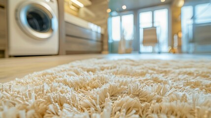 Cozy modern laundry room with soft beige shag rug and wooden cabinets.