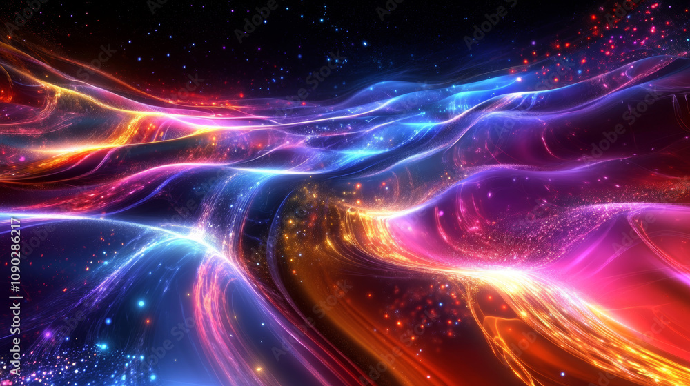Poster a futuristic, colorful wave of light flows through digital space. it's a 3d image showing glowing li