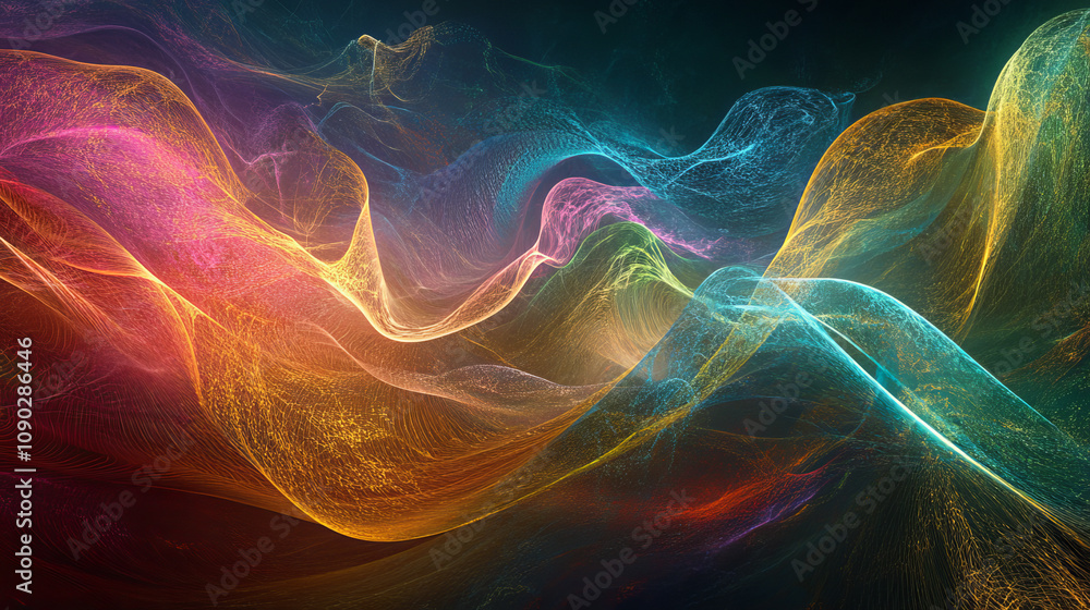 Poster a futuristic, colorful wave of light flows through digital space. it's a 3d image showing glowing li