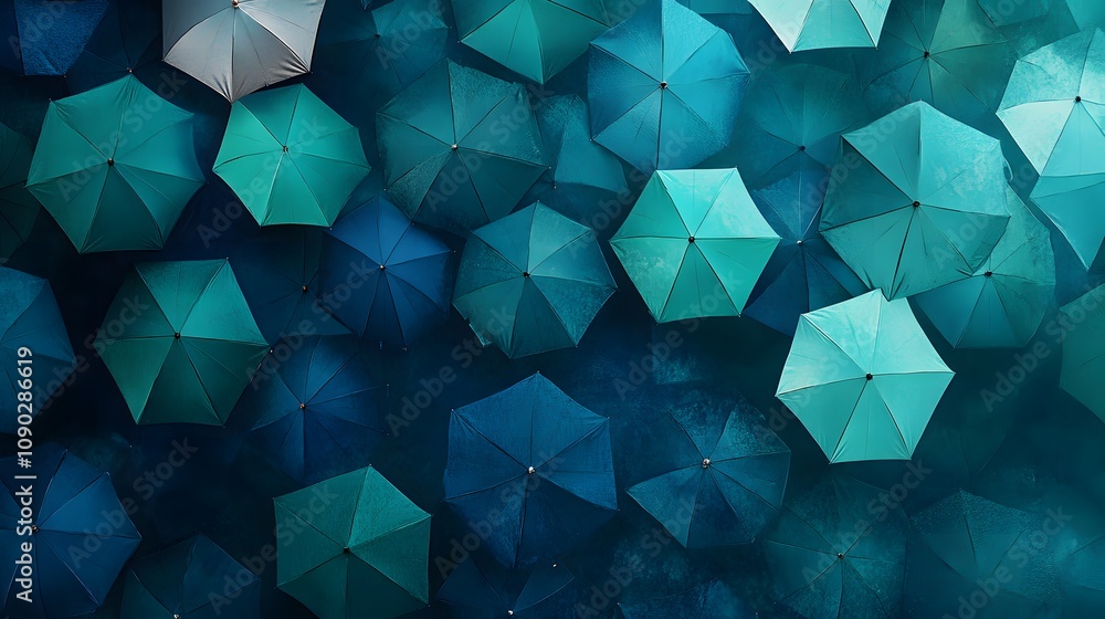 Poster aerial view of multiple colorful umbrellas in various shades of blue and green arranged in a beautif