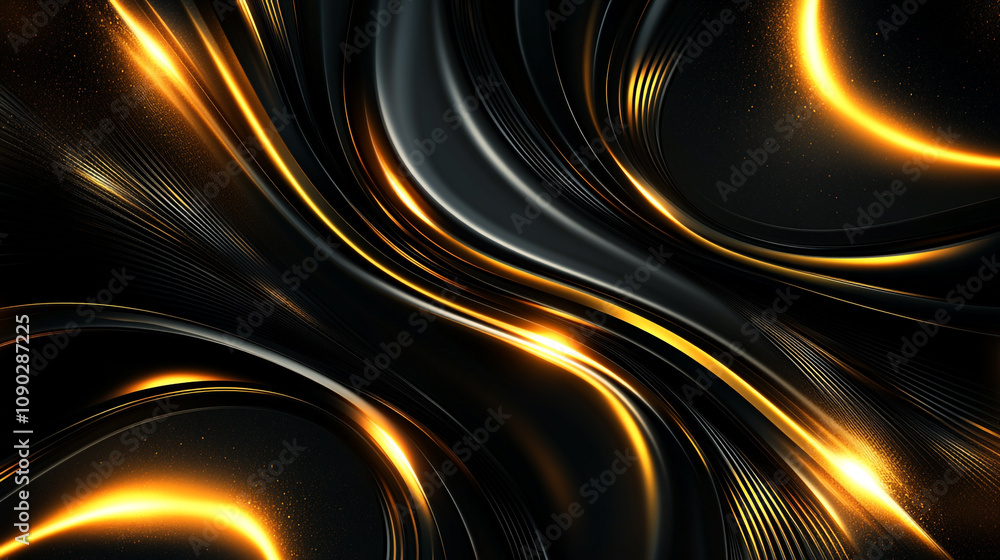 Poster abstract design featuring flowing golden patterns on a dark background creating a dynamic look