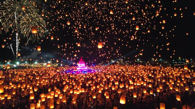 Floating lantern YeePeng Firework Festival or Yi Peng Lantern in Chiangmai, Chiang Mai festival and Loy Kratong Festival in Thailand,Asia 
