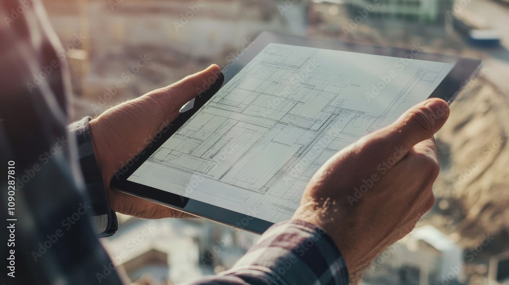 Poster a close-up shot of an architect reviewing building plans on a tablet at a construction site, archite