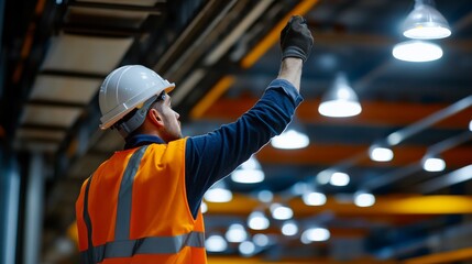 A close-up shot of an electrician installing industrial lighting fixtures in a warehouse, Warehouse lighting installation scene, Practical and professional style