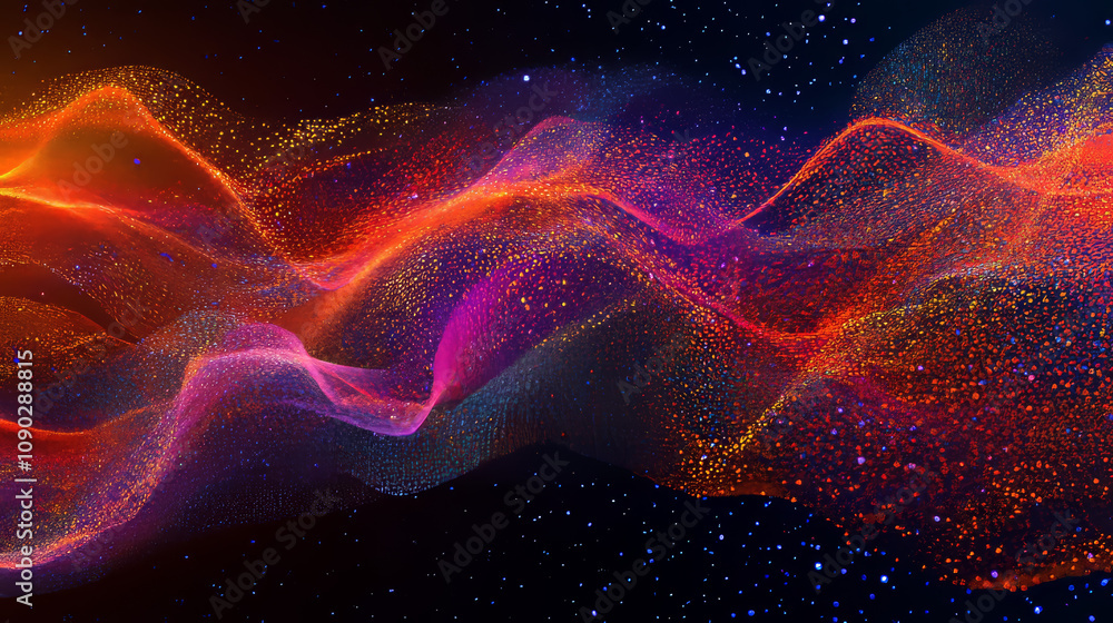 Poster waves of digital data flow across a futuristic background. this illustrates the concept of computer 