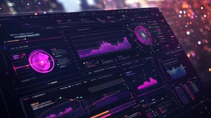 Obraz premium A futuristic digital dashboard with various data visualizations, graphs, and charts. The screen is set against a blurred city background.