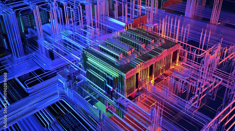 Poster a computer chip processes lots of data using artificial intelligence. this 3d image shows how data f