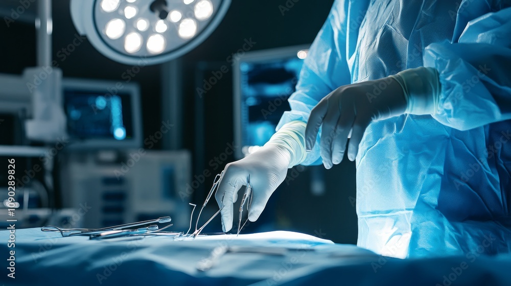 Poster A close-up view of a surgeon performing a delicate operation, with surgical tools and monitors in the background, Operating room scene