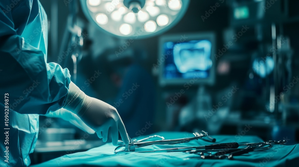 Poster a close-up view of a surgeon performing a delicate operation, with surgical tools and monitors in th