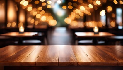 Blurred background of tables and chairs, focusing on the wooden table in the foreground