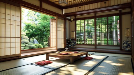 Fototapeta premium Traditional Japanese Room with Tatami Mat and Garden View