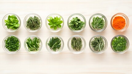 Obraz premium Fresh and Vibrant Assortment of Culinary Herbs and Spices Displayed in Clear Glass Bowls on a Light Wooden Surface for Cooking and Food Preparation