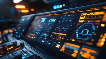 Obraz premium Futuristic control panel with glowing blue and orange digital displays.