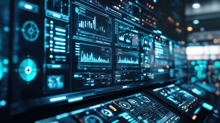 Fototapeta premium A futuristic interface with data visualizations and graphs displayed on a large screen, showing complex digital information and real-time updates.