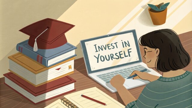 Transitioning Careers A person looking at education programs on a laptop with a note saying Invest in Yourself and books on skill development around them.