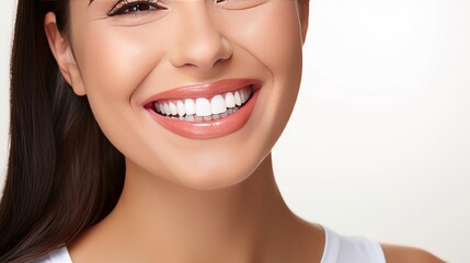 Denstis teeth concept. Woman with white teeth isolated on white background