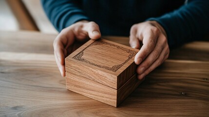 A person holds a beautifully crafted wooden box with intricate designs, resting on a wooden surface, suggesting a moment of contemplation or gift-giving.