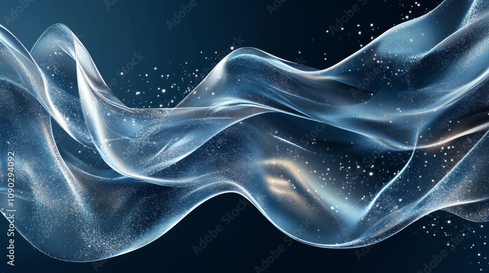 Poster shiny, see-through shapes blend together against a dark blue background with sparkling particles. it