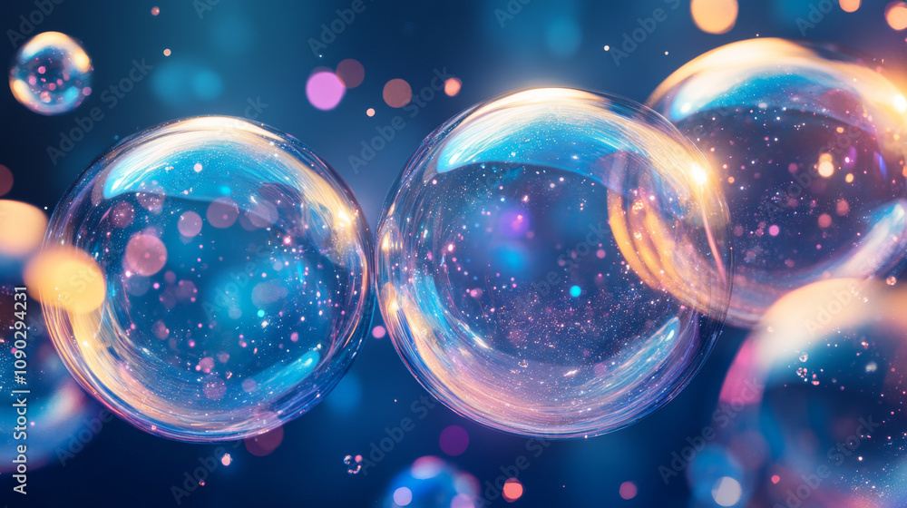 Poster shiny, see-through shapes blend together against a dark blue background with sparkling particles. it
