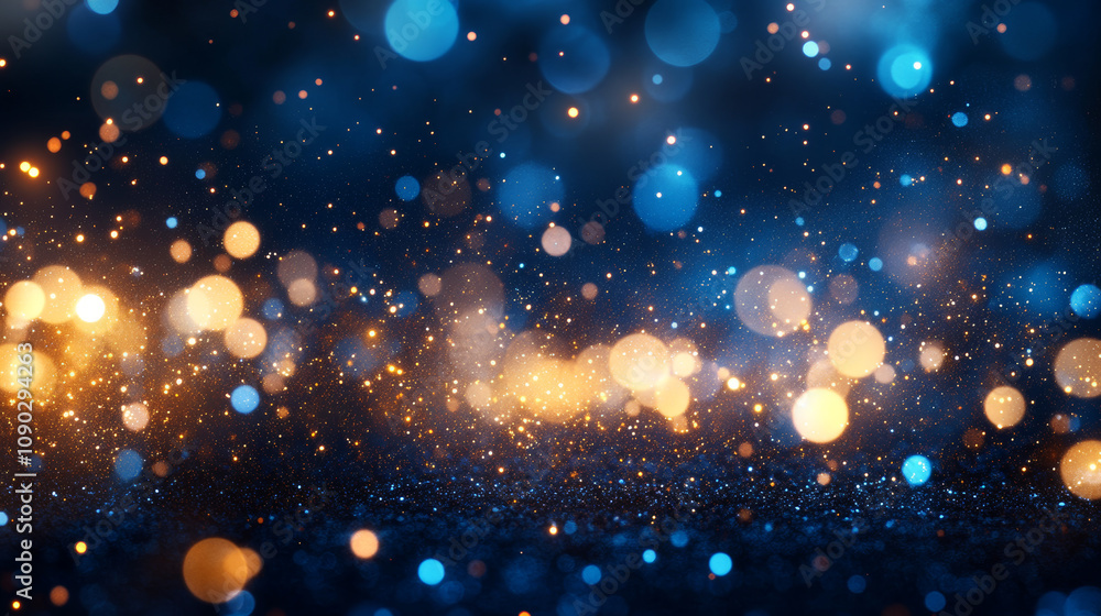 Poster shiny, see-through shapes blend together against a dark blue background with sparkling particles. it