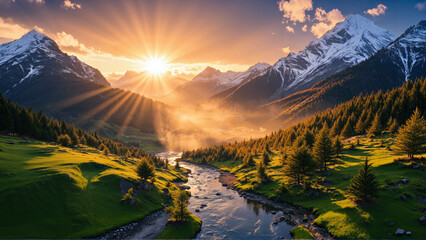 A serene river flows through a lush valley with pine trees, under a dramatic sunset sky. Snow-capped mountains rise in the background, bathed in warm golden light.