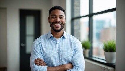 Smiling cheerful young adult african american ethnicity man in casual attire looking at camera standing at home office background. Happy confident black guy headshot face front close up portrait