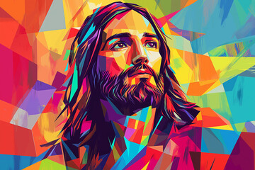 Jesus Christ. Abstract colorful background. Digital painting. Vector illustration.