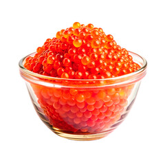 bowl of red caviar with a green leaf on top. The caviar are shiny and colorful, Delicious red caviar and rosemary in a bowl white background